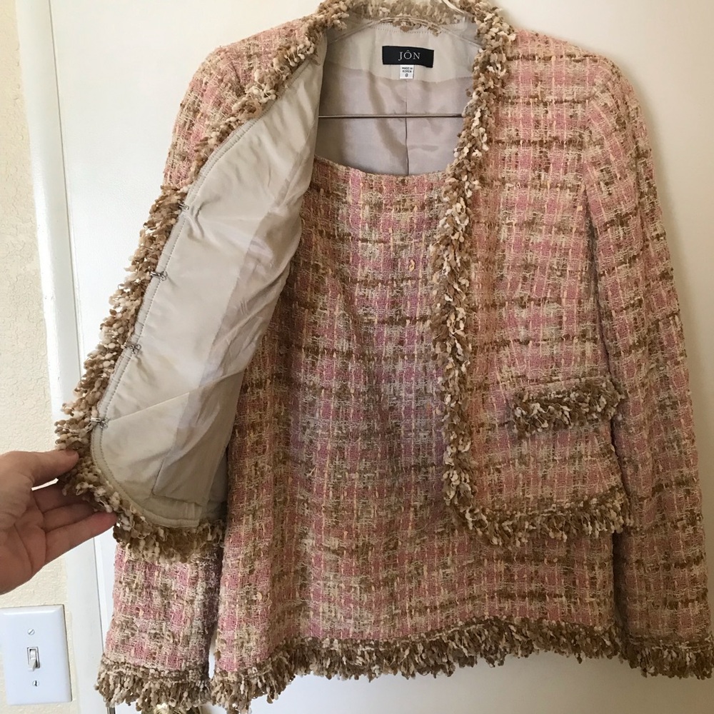 JON Designer Vtg Tweed Skirt Suit Pink Tan Bouclé Fringe Jacket 8 Nostalgic Rare - Picture 4 of 16